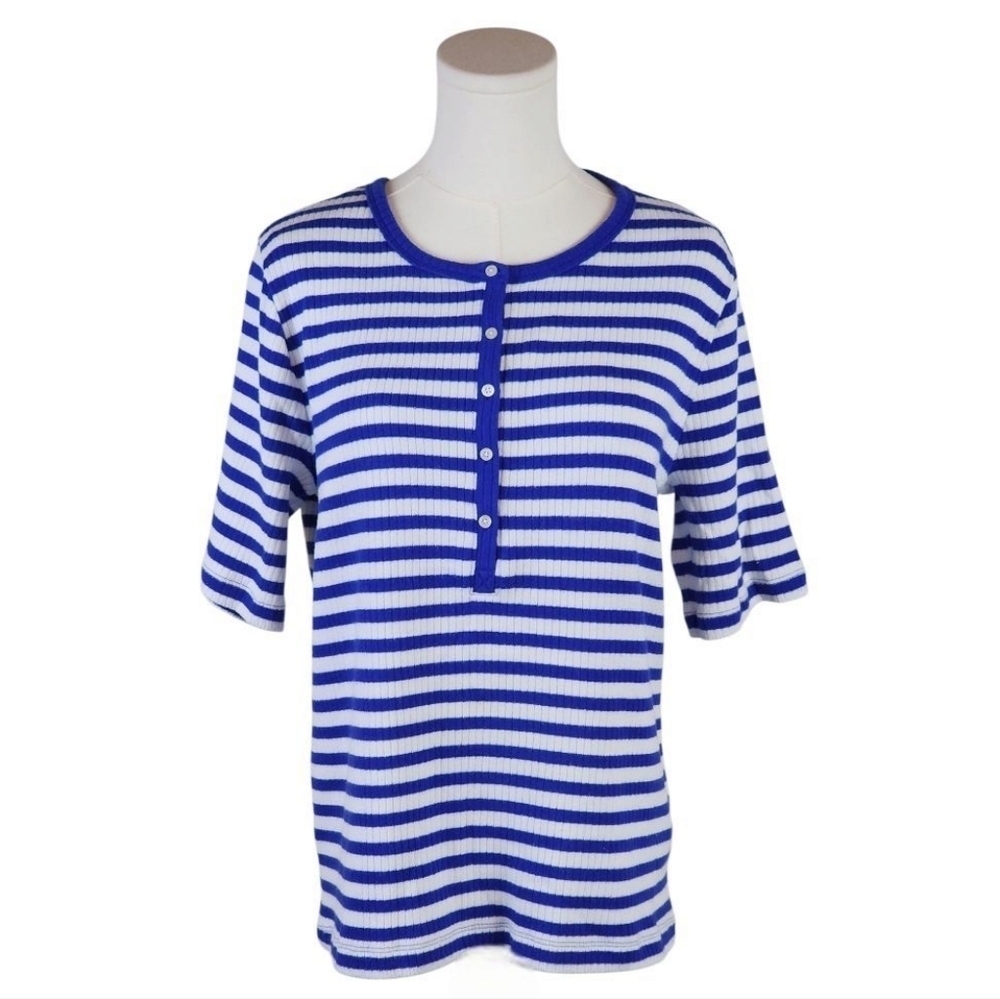 J. Crew Blue White Striped Henley Top Large Ribbed Knit Nautical Casual Tee